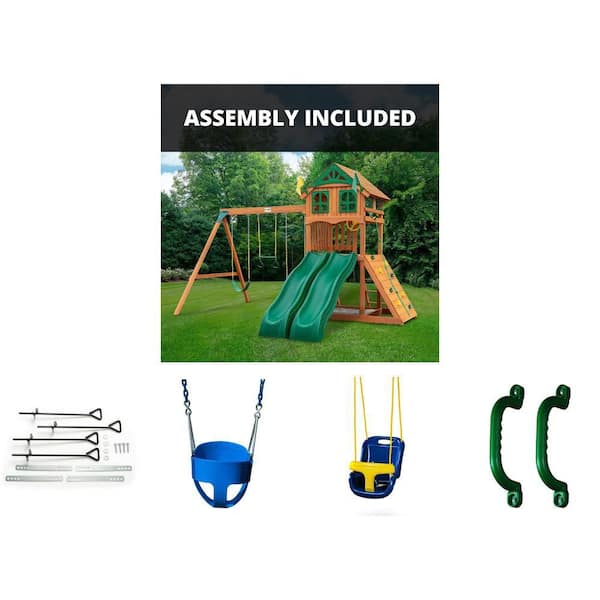 Outing III Kids Playground Set with Wood Roof, Anchor-It Kit, Blue Bucket and Infant Swing, Green Handles (2-Set)