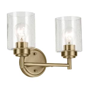 Winslow 13 in. 2-Light Natural Brass Contemporary Bathroom Vanity Light with Clear Seeded Glass