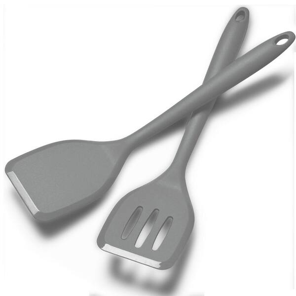 2-Piece Black Grey Silicone Spatula Turner Set Heat Resistant Platinum-Grade Nonstick One-Piece Cooking Utensil