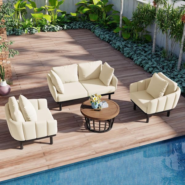ToolCat Modern 4-Piece Outdoor Iron Frame Conversation Set, Patio Chat Set with Acacia Wood Round Table and Beige Cushions