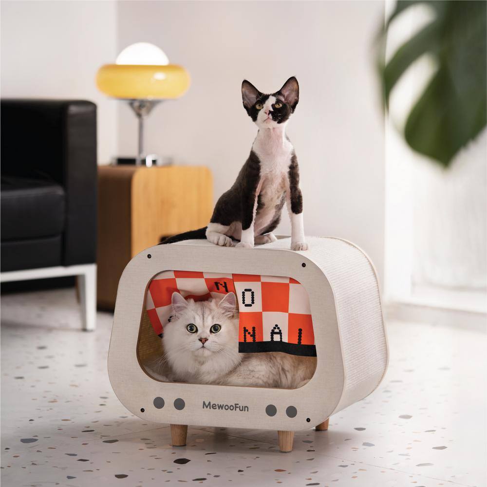 Small White MDF Classic Wooden TVShaped Cat Bed Cat House with Red
