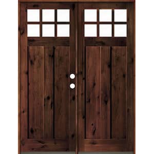 72 in. x 96 in. Craftsman Knotty Alder Wood Clear 6-Lite Red Mahogony Stain Left Active Double Prehung Front Door
