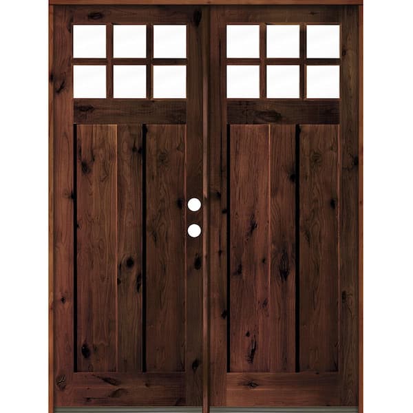 Krosswood Doors 72 in. x 96 in. Craftsman Knotty Alder Wood Clear 6-Lite Red Mahogony Stain Left Active Double Prehung Front Door
