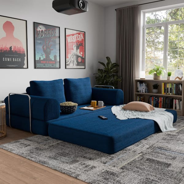 Granger 81 in. Blue Solid Corduroy Chenille Full Size High Density Foam Modular Sofa Bed