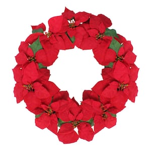 24 in. x 3 in. Unlit Red Poinsettia Flower Artificial Christmas Wreath