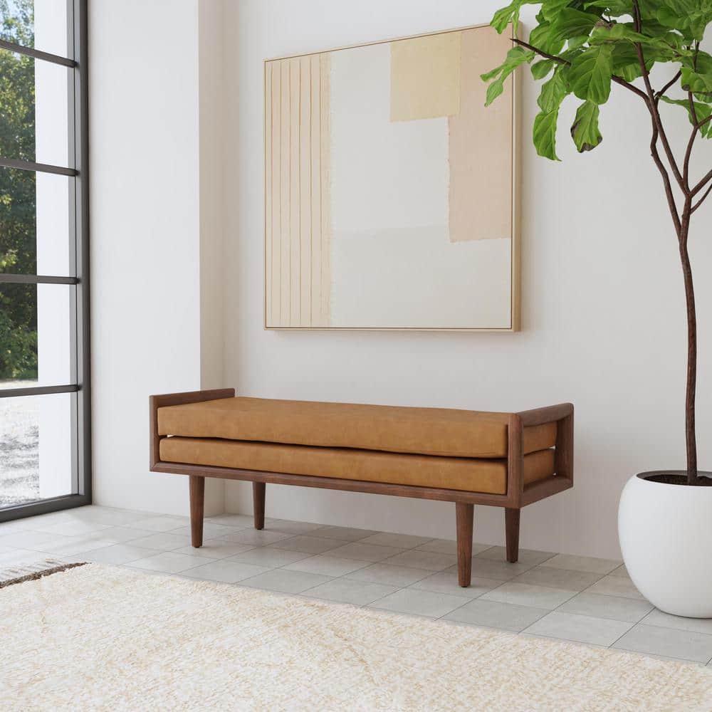 Carmel Faux Leather Upholstered Bedroom Bench with Walnut Wood Base