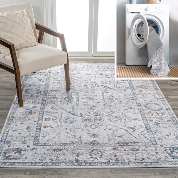 JONATHAN Y Brandy Rustic Border Low-Pile Machine-Washable Light Gray/Blue 3 ft. x 5 ft. Area Rug