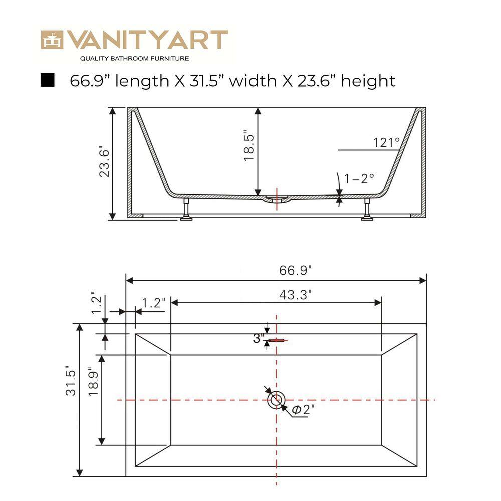 Vanity Art 67" White Acrylic Freestanding Soaking Bathtub
