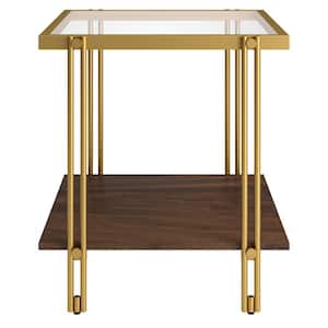 Inez 20 in. Brass/Walnut Square Glass Top Side Table with and MDF Shelf