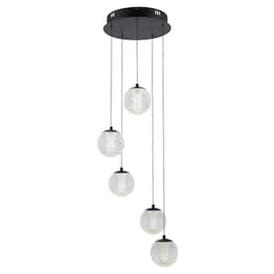 Sunburst 5-Light Black Integrated LED Hanging Chandelier Light Fixture with Acrylic Globe Shades