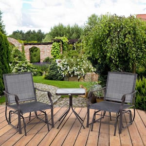 3-Piece Brown Metal Square Table Outdoor Bistro Set, Rocking Swing Chairs with Breathable Sling Fabric & Glass Tabletop