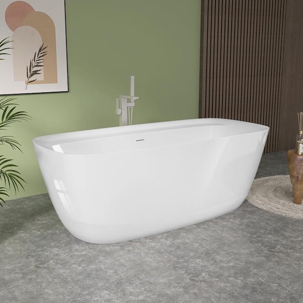 67 in. x 31 in. Acrylic Freestanding Soaking Bathtub Flat Bottom with Center Drain Rectangular Stand Alone Tub in White