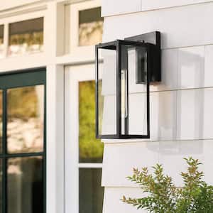 Modern Black 1-Light Outdoor Sconce 14 in. H Rectangle Exterior Wall Lantern with Clear Glass Shade for Patio, Garage