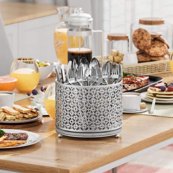 360° Rotating Utensil Holder Caddy with 4-Compartment and Handle for Kitchen Countertop, Party, Office, Picnic, Silver