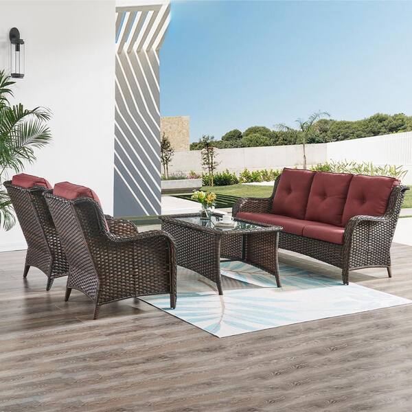 4-Piece Wicker Outdoor Patio Seating Conversation Set Sectional Sofa Glass Coffee Table with Red Cushions