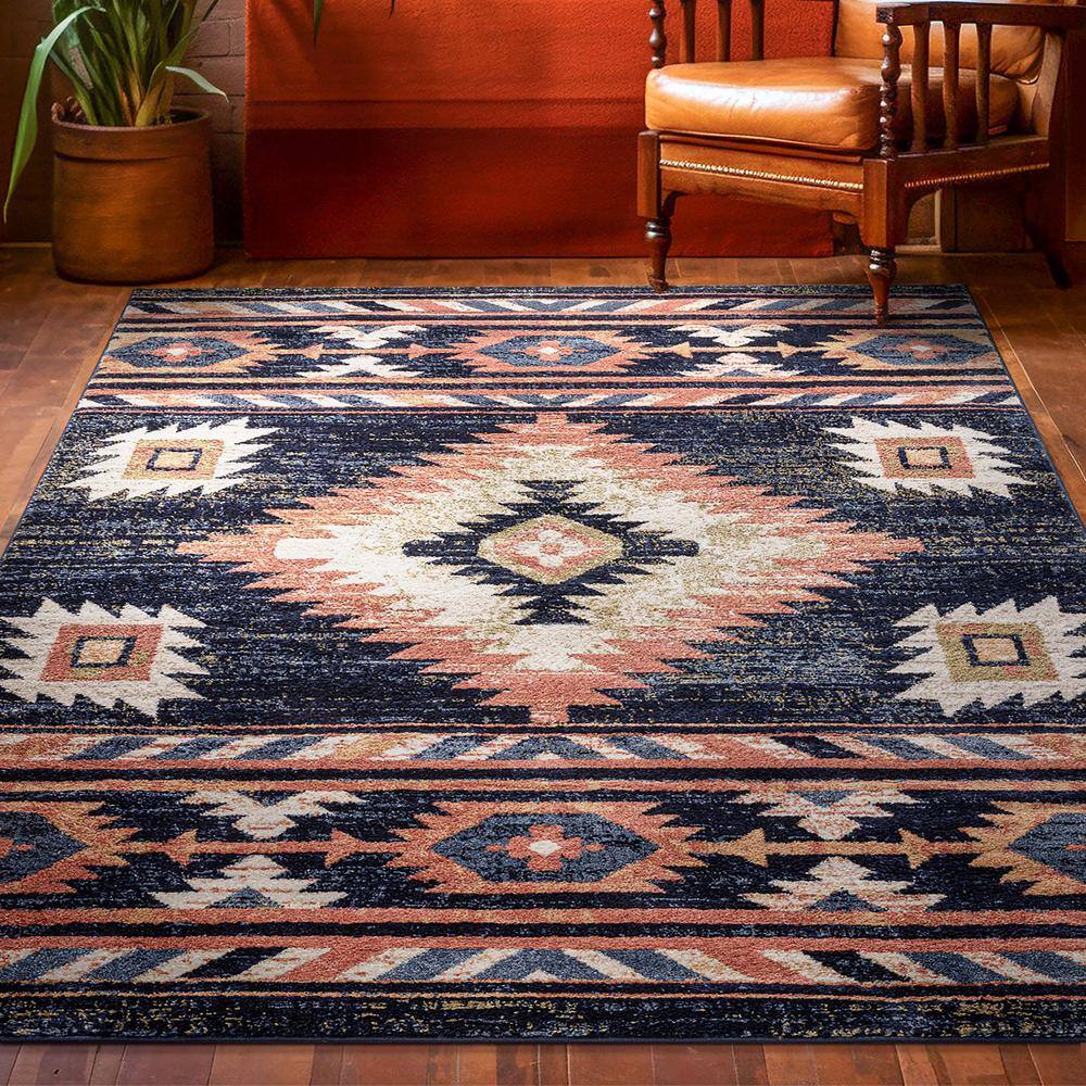Blue Southwestern Tribal Synthetic 8' x 10' Reversible Area Rug