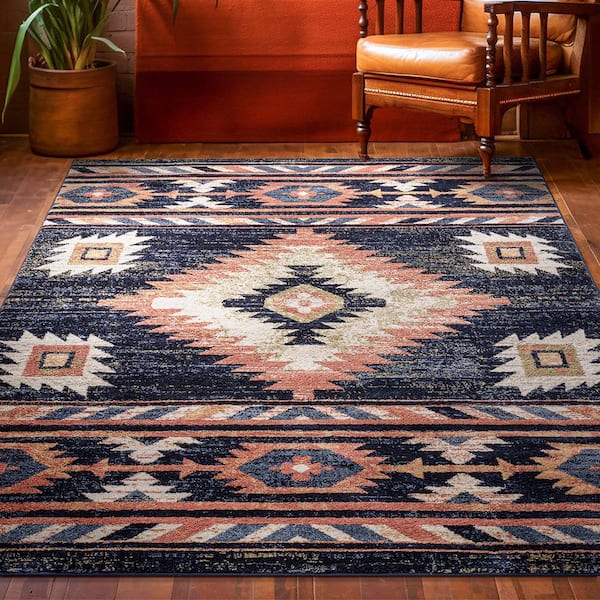 Blue Red Southwestern Throw Rug, 58.5