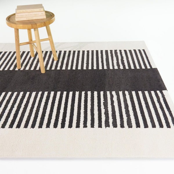 Bridgeman Cream/Black 5 ft. x 7 ft. Mid-Century Modern Stripe Area Rug