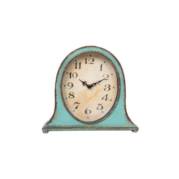 Distressed Aqua Metal Mantel Clock with Wooden Base