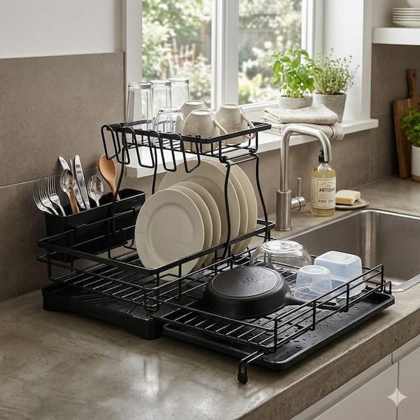 Black Stainless Steel Dish Drying Rack with Double Layer Detachable Design and 360° Rotating Drain Spout