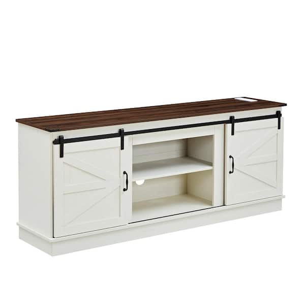 SUNRINX 66 in. W Freestanding Wooden with Sliding Barn Doors and Outlets Electric Fireplace TV Stand in White and Walnut