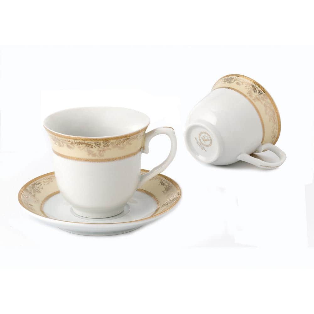 Elegant Ivory and Gold Porcelain Teacup and Saucer Set