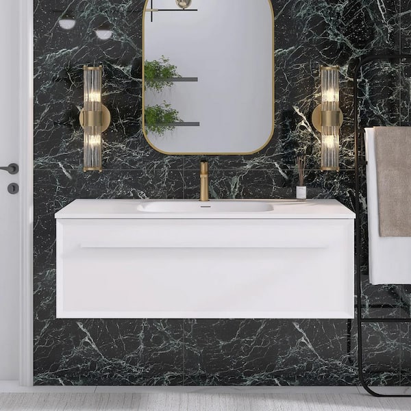 JimsMaison 48 in. W x 18 in. D x 17 in. H Single Sink Floating Bath Vanity in White with White Solid Surface Top