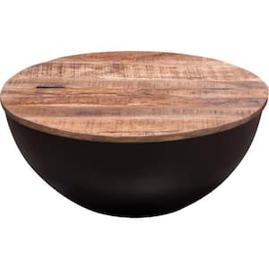 Custom Series 28 in. Brown and Black Round Wood Coffee Table with Black Base