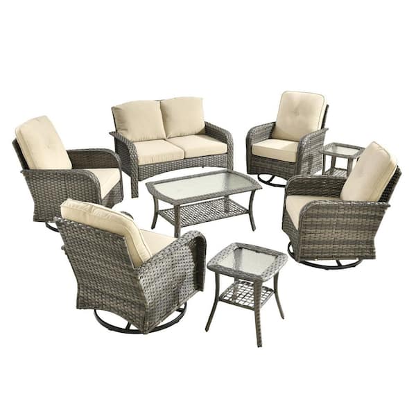 Denali Gray 8-Piece Wicker Patio Conversation Sofa Seating Set with Swivel Rocking Chairs and Beige Cushions