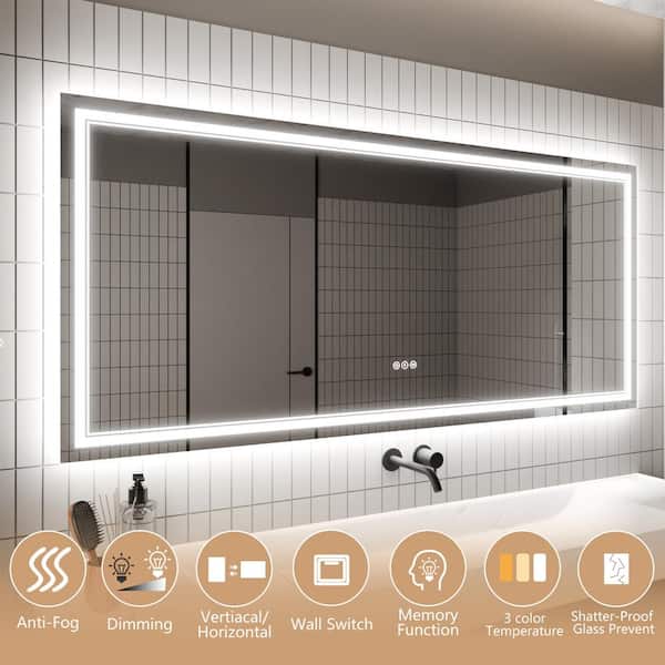 72 in. W x 32 in. H Rectangular Frameless Anti-Fog Wall Dimmable Backlit Dual LED Bathroom Vanity Mirror in Silver