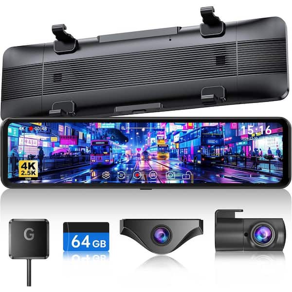 4K Front and 2.5K Rear Mirror Dash Cam with Detachable Camera, 3X Zoom, GPS Tracking