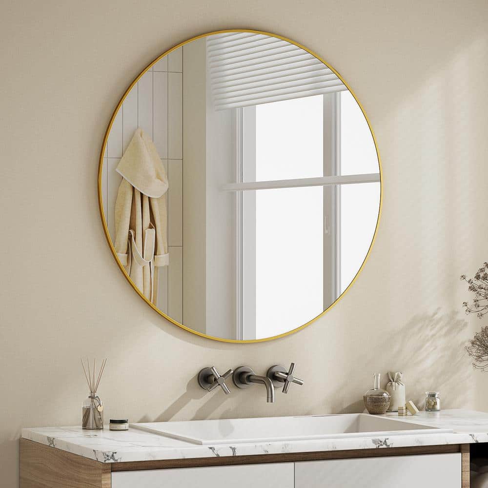 29.9 in. W x 29.9 in. H Round Modern Gold Aluminum Framed Bathroom Mirror Wall Mirror price history on PriceWatchPro