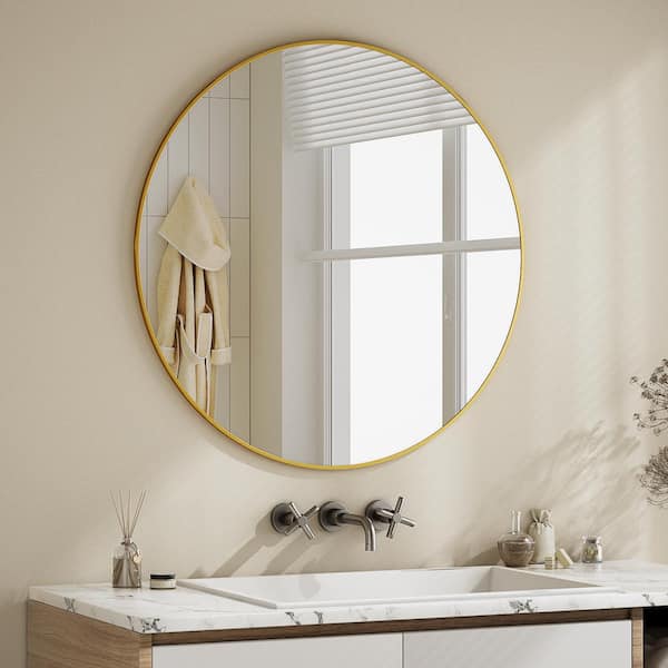 XRAMFY 29.9 in. W x 29.9 in. H Round Modern Gold Aluminum Framed Bathroom Mirror Wall Mirror