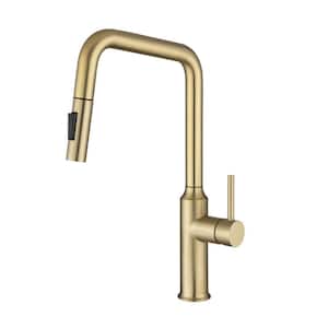 Single-Handle Kitchen Faucet Deck Mount Pull-Out Sprayer 360-Degree High Arc Standard Kitchen Faucet in Brushed Gold