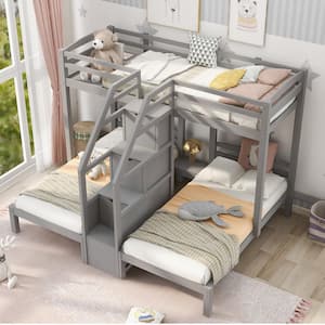 Gray Twin over Twin and Twin Bunk Bed with Built in Staircase and Little Drawer