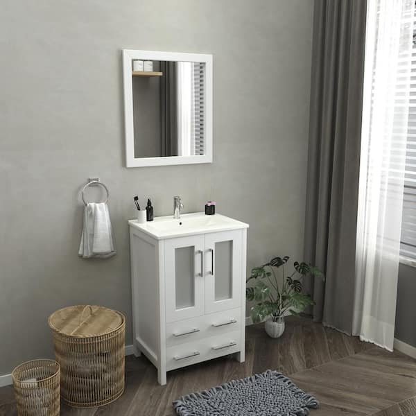 Vanity Art Brescia 24 in. W x 18.1 in. D x 35.8 in. H Single Basin Bathroom Vanity in White with Top in White Ceramic and Mirror