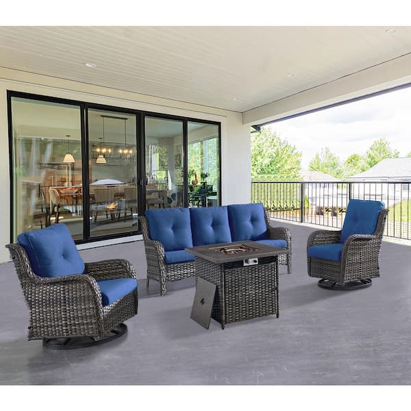 ArcoBay 4-Piece Gray Wicker Patio Square Fire Pit Conversation Set with Navy Blue Cushions and Swivel Rocking Chairs