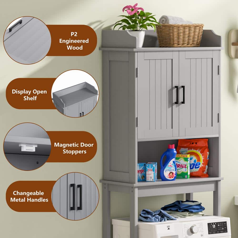 Gray Adjustable Over-the-Toilet Storage Cabinet with Doors