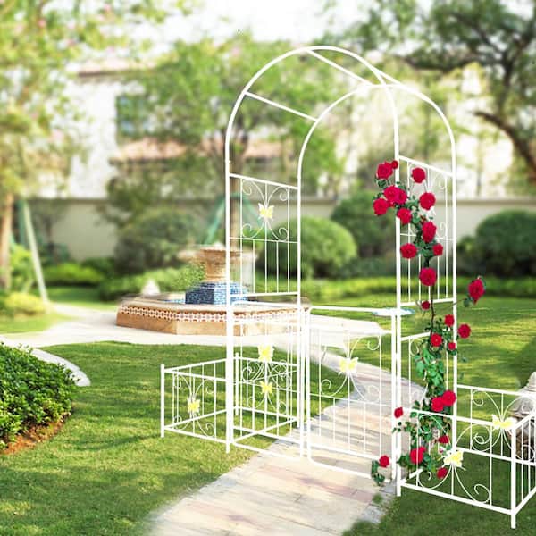 79.5 x 86.6 in. Garden Trellis, Metal Garden Arch with Gate, Climbing Plants Support Rose Arch, Cream White