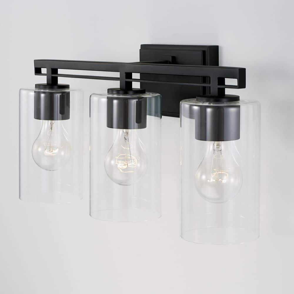 Matte Black Steel and Glass 3-Light Dimmable Vanity Fixture