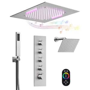 15-Spray 20 in. and 10 in. Ceiling Mount LED Music Dual Shower Head Fixed and Handheld Shower in Brushed Nickel