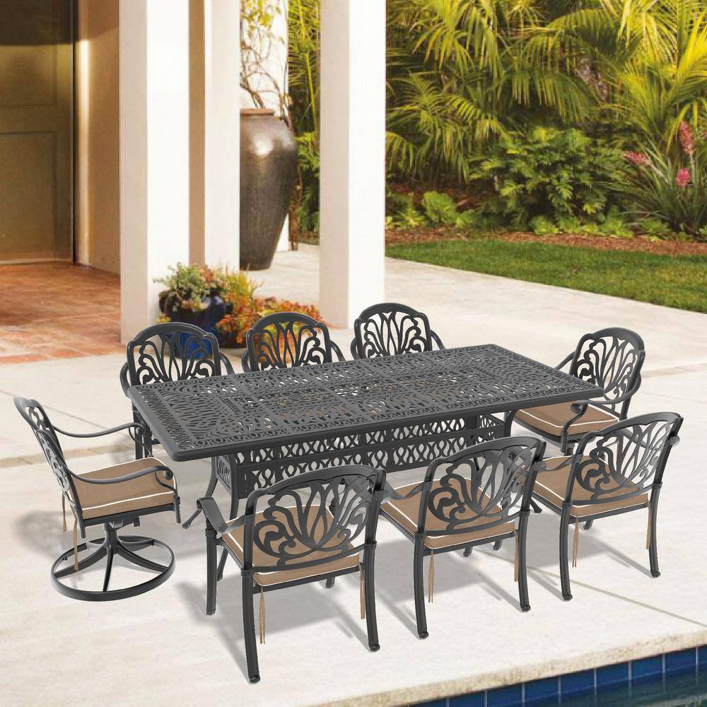 Elizabeth 9-Piece Cast Aluminum Outdoor Dining Set with Rectangular Table and Swivel Dining Chairs with Cushion