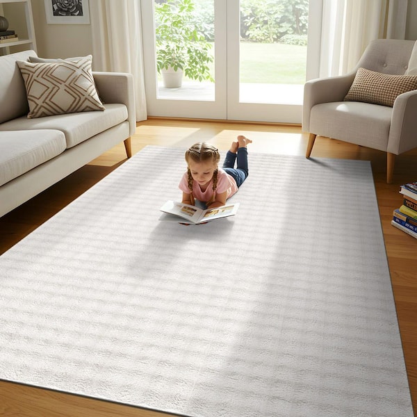 Aurora 4 ft. x 6 ft. White Non-Slip Rubber Back Washable Polyester Checker Indoor Area Rug