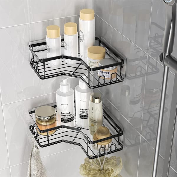 Wall Mounted Bathroom Shower Caddies Stainless Steel Corner Storage Shelves  with 4 Hooks in Silver (2-Pack)