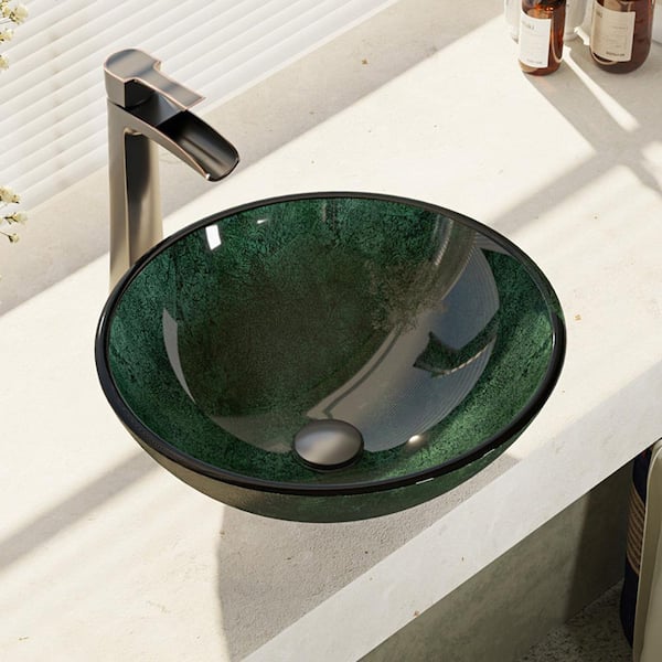 Rene Glass Vessel Sink in Woodland Green and Black with R9-7007 Faucet and Pop-Up Drain in Antique Bronze