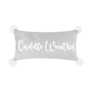 Winterland Grey "Cuddle Weather" Embroidered with Corner Pom Poms 12 in. x 24 in. Throw Pillow