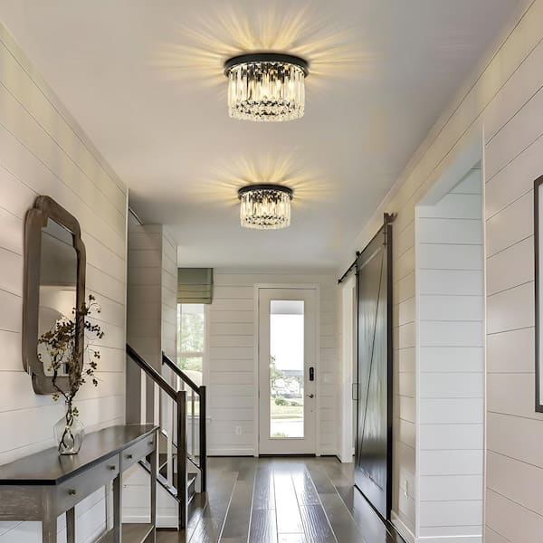 BeamHaven 11.81 in. 4-Light Flush Mount Ceiling Light, Modern Black Finish with Crystal Accents and Drum Shade