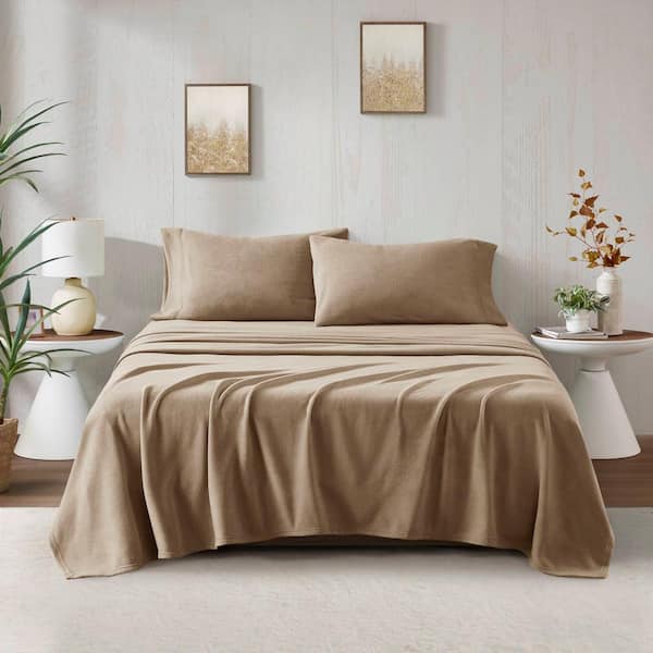 Micro Fleece 4-Piece Brown Polyester Queen Sheet Set