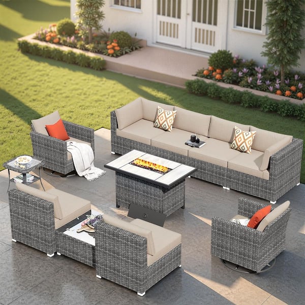 HOOOWOOO Messi Grey 11-Piece Wicker Outdoor Patio Fire Pit Conversation Sofa Set with Swivel Rocking Chairs and Beige Cushions