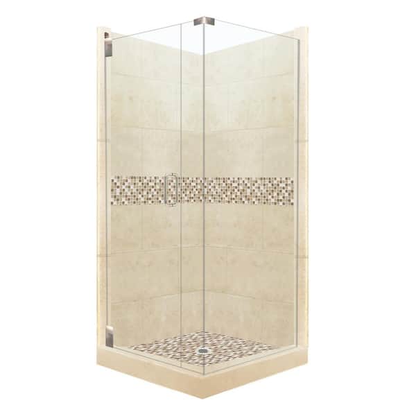 American Bath Factory Roma Grand Hinged 42 in. x 42 in. x 80 in. Left-Hand Corner Shower Kit in Desert Sand and Satin Nickel Hardware